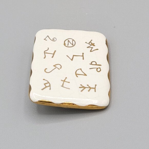 Vintage Ceramic Enamel Brooch With Ancient Symbol Design & Gold Tone Trim - Picture 4 of 7